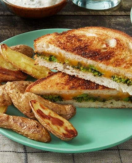 Broccoli-Cheddar Grilled Cheese Sandwiches with Fingerling Potatoes & Ranch Sauce