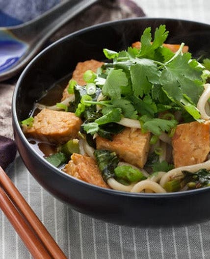 Udon Noodle Soup with Chinese Broccoli & Seared Tempeh