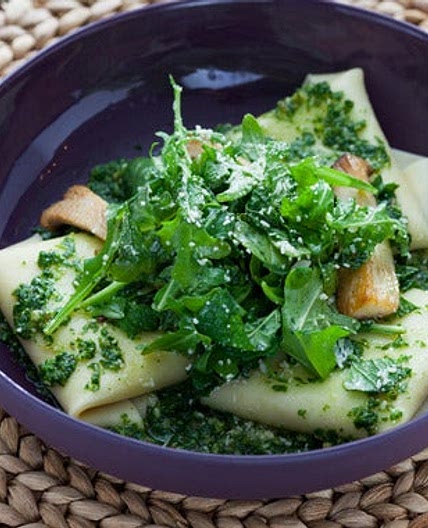 Free-Form Ricotta Ravioli with Trumpet Mushrooms & Walnut-Arugula Pesto