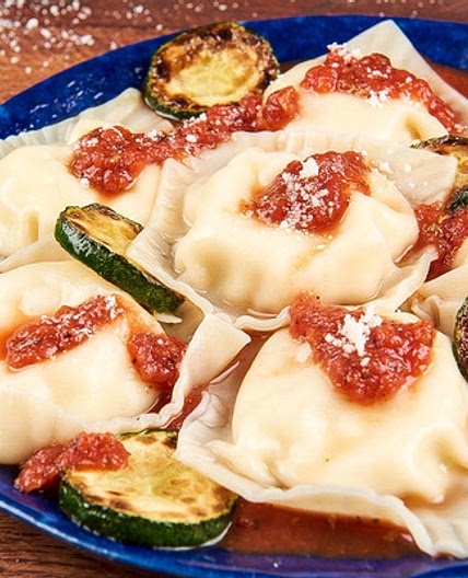 Three Cheese Ravioli with Tomato Sauce With Zucchini and Parmesan