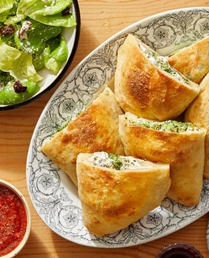 Cheesy Vegetable Calzones with Tomato Dipping Sauce & Caesar Salad
