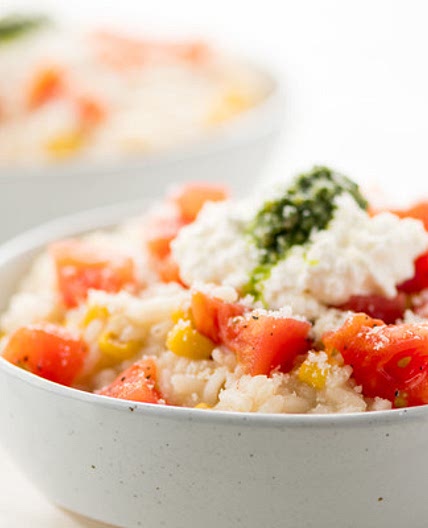 Burrata & Pesto Risotto with tomato vinaigrette and roasted corn