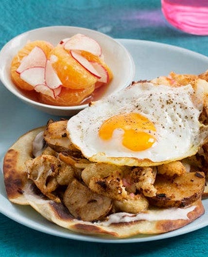 Spicy Cauliflower, Potato & Egg Tostadas with Marinated Radishes & Satsuma Mandarin