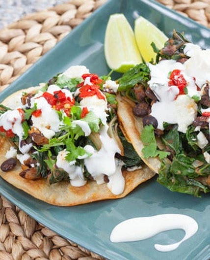 Smoky Swiss Chard & Black Bean Tostadas with Queso Fresco & Roasted Piquillo Peppers