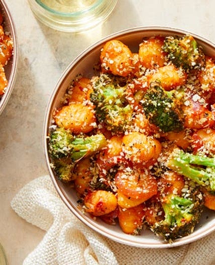 Gnocchi in Creamy Tomato Sauce with Roasted Broccoli & Breadcrumbs