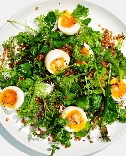 Whole Grain Salad with Jammy Eggs and Shallot Yogurt