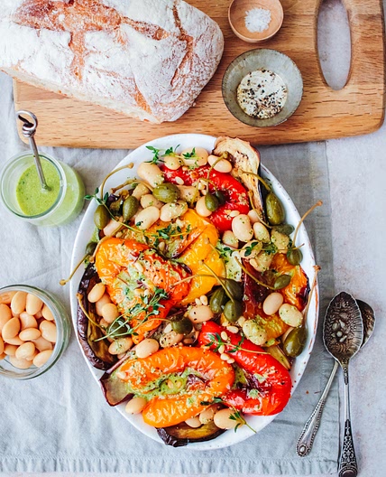 Chunky Roast Pepper, Aubergine, Butter bean, Caper and Pesto Salad