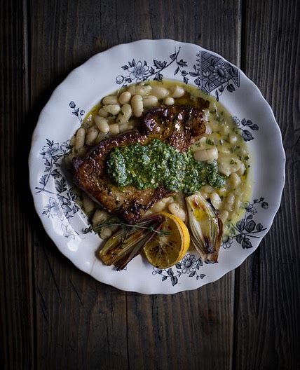 Pork Chops with White Bean Stew and Salsa Verde