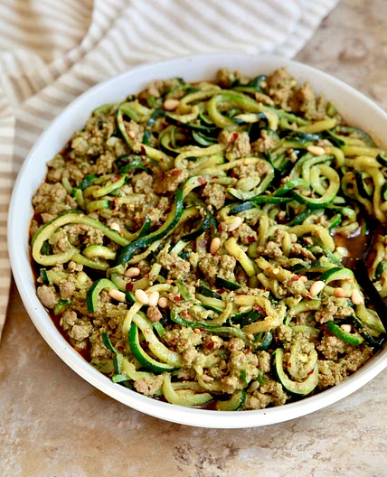 Whole30 Spicy Pork & Pesto Zoodles