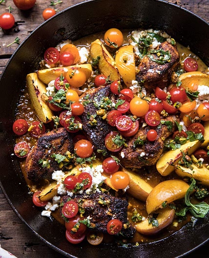 Skillet Moroccan Chicken with Tomatoes, Peaches, and Feta