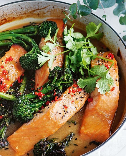 Honey and miso baked salmon with broccolini and coriander recipe
