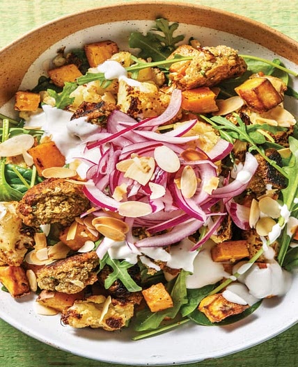 Falafel & Middle Eastern Roast Veggies with Dill-Parsley Yoghurt & Pickled Onion