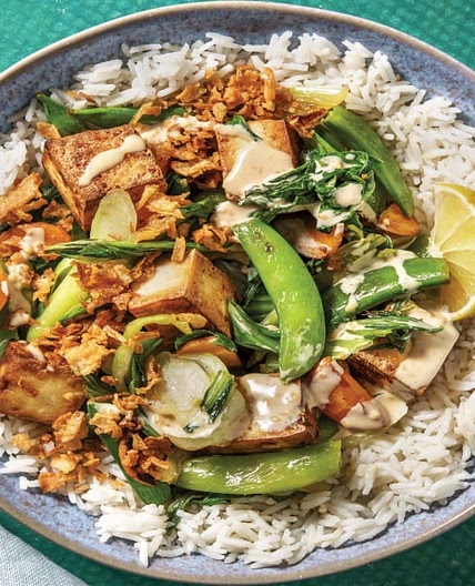 Malaysian Tofu Rice & Veggies with Toasted Sesame Dressing