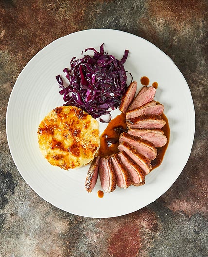 Duck Breast, Braised Red Cabbage, Potato & Parsnip Gratin