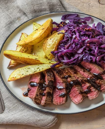 Hearty Steak & Potatoes with Balsamic-Cranberry Pan Sauce