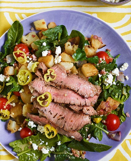 Warm Greek Salad with Sliced Steak