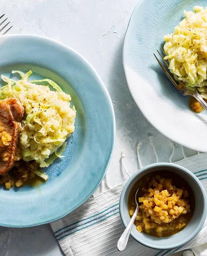 Pork Chops with Apple Pan Sauce, White Sweet Potato, and Cabbage