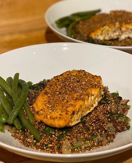 Chermoula Spiced Salmon with Freekeh Pilaf and Toasted Sesame Seeds