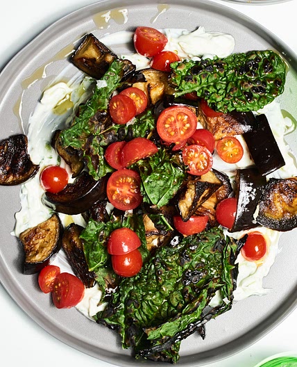 Roasted Eggplant and Crispy Kale with Yogurt