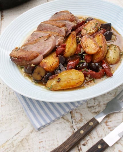 Duck breast with chorizo, potatoes & chestnuts