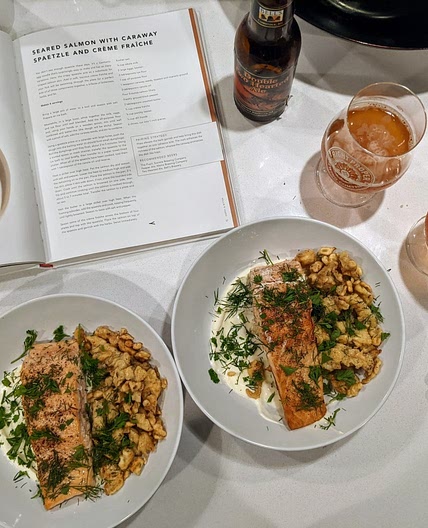 Seared Salmon with Caraway Spaetzle and Creme Fraiche