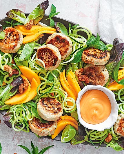 Speedy Thai chicken rissoles with mango salad recipe