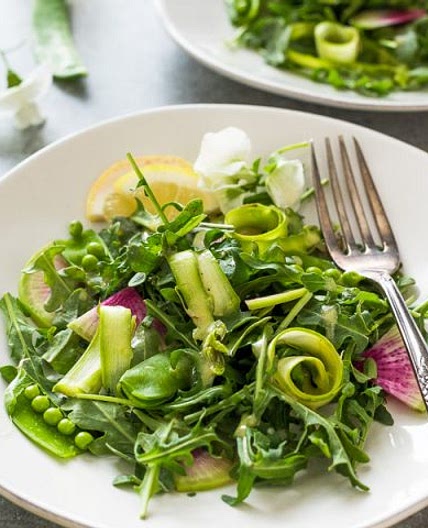 Spring Arugula Salad with Shaved Asparagus, Radish and Peas