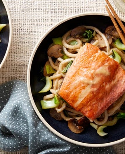 Honey & Miso-Glazed Salmon with Udon Noodles & Bok Choy