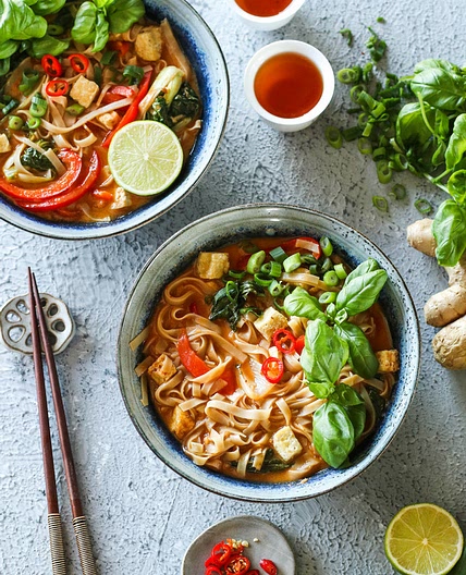 Thai Red Curry Noodle Soup with Crispy Tofu