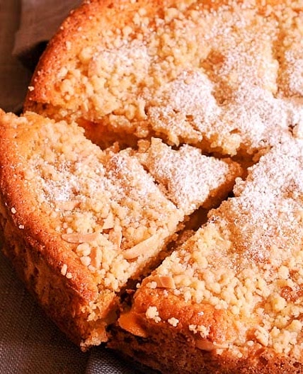 German Peach Kuchen Cake with Almond Streusel
