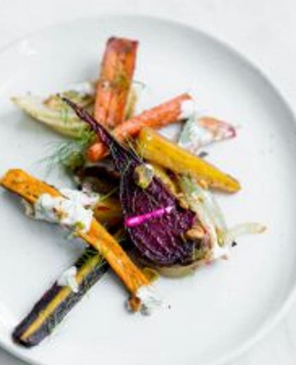 Roasted Root Vegetables with Fennel and Pistachio Yogurt