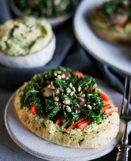 Avocado Hummus Toast with Miso Mushroom and Kale Sauté