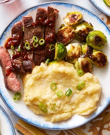 Seared Steaks & Mashed Potatoes with Roasted Brussels Sprouts & Steak Sauce