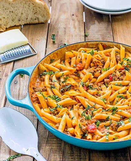 Penne with Sausage and Spicy Cream Tomato Sauce