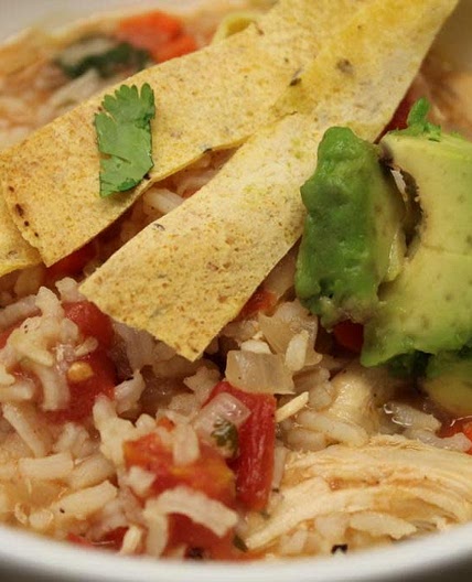 Southwestern Chicken and Rice Soup With Tortilla Strips
