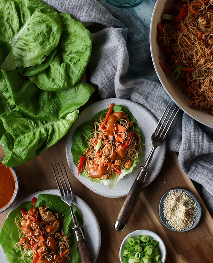 High Protein Lettuce Wraps with Creamy Peanut Sauce