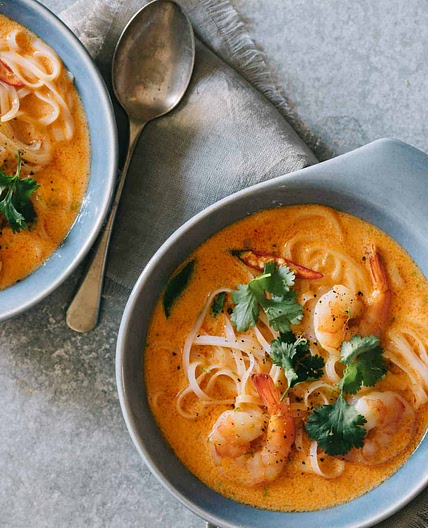 Spicy Red Curry and Coconut Noodle Soup with Shrimp