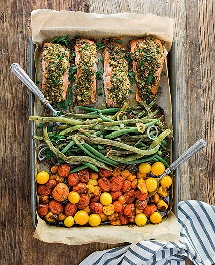 One Sheet Pan Herb Crusted Salmon with Garlicky Green Beans & Heirloom Cherry Tomatoes