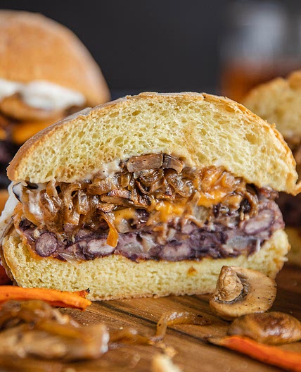 Mushroom Cheddar Black Bean Burgers with Garlic Aioli & Carrot Fries