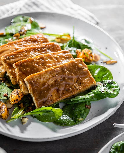 Hoisin Tofu Steaks with Sticky Rice and Spinach Poppy Seed Salad
