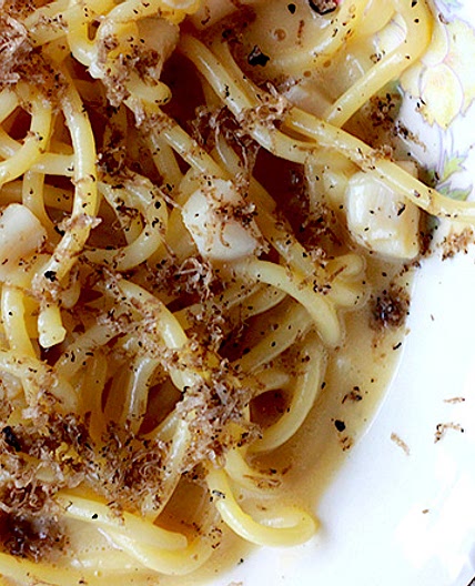Spaghetti with White Miso, Egg Yolks, Bay Scallops, and Black Truffles