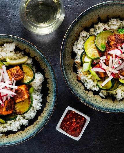 Almond Butter Tofu Bowls with Charred Zucchini & Bok Choy