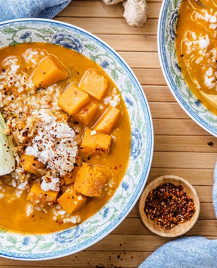 Winter Squash Soup with Sticky Rice and Sesame Bok Choy