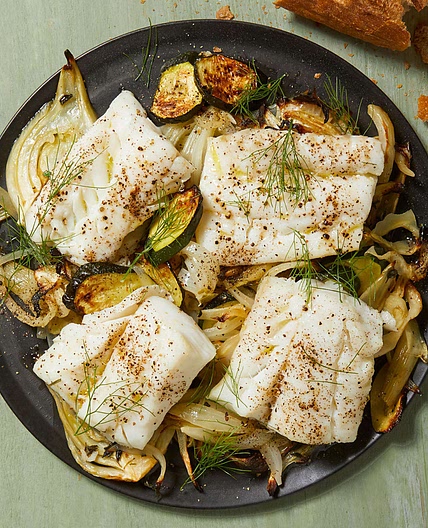 Roasted Cod with Zucchini, Fennel & Onion