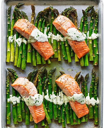 Broiled Salmon and Asparagus with Creme Fraiche
