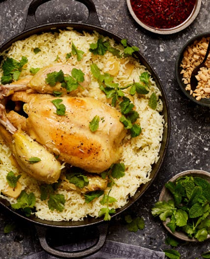 Fragrant chicken and rice with soy and chilli dressing