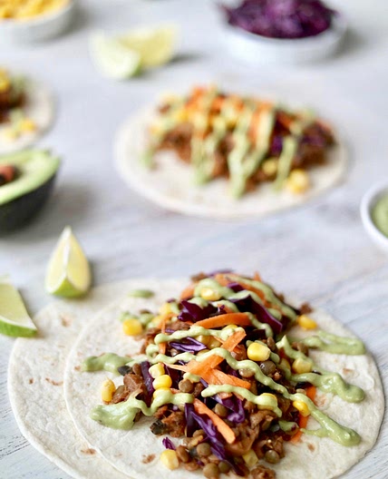 Mushroom & Lentil Tacos with Creamy Garlic Avocado Sauce