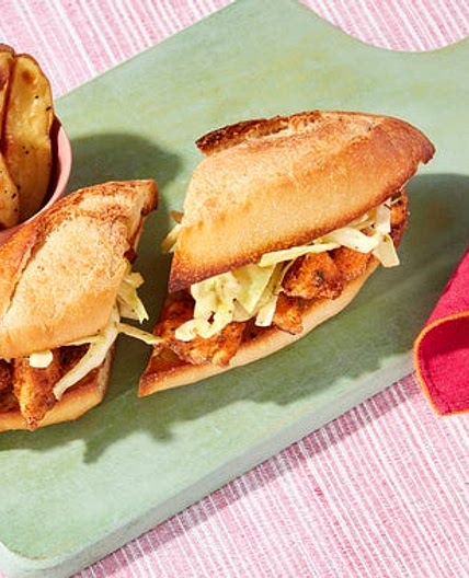 New Orleans-Inspired Chicken Po’ Boys with Roasted Potato Wedges & Spiced Mayo
