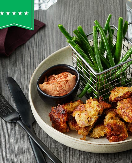 Keto chicken nuggets with green bean fries and BBQ-mayo