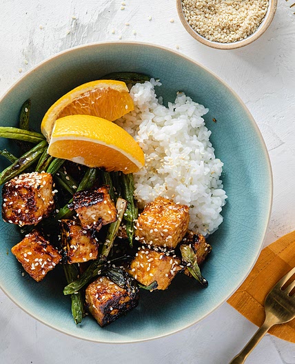 Sesame Orange Tofu with Roasted Green Beans & Sticky Rice